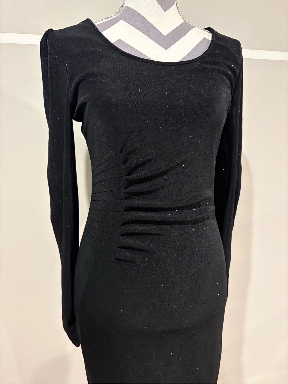 Guess Black Long-Sleeve Ruched Bodycon Dress with Subtle Sparkle